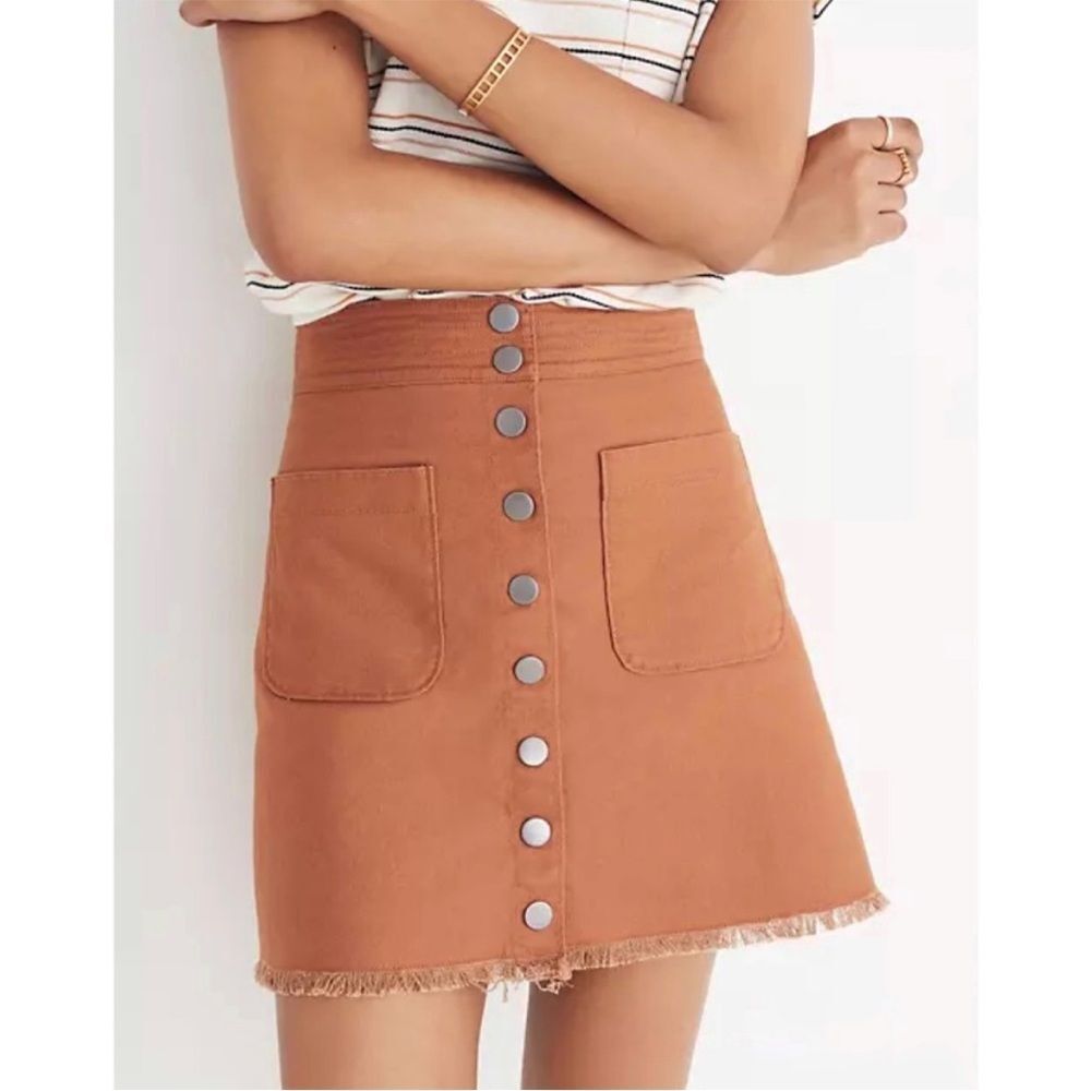 Madewell High Waist Snap Button Skirt Tan Denim Raw Hem Pockets Mini Pencil